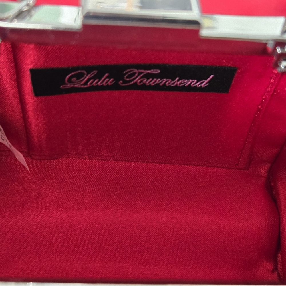 Lulu Townsend Red Satin Evening Clutch Silver Chain Strap - Picture 7 of 8